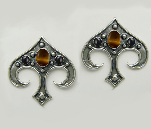 Sterling Silver Gothic Inspired Drop Dangle Earrings With Tiger Eye And Black Onyx